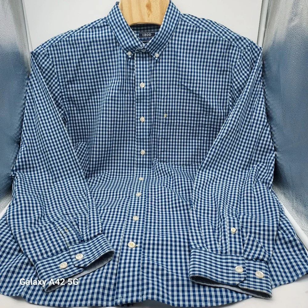 Izod Premium‎ Essentials Mens XLT Blue Gingham Button Down Shirt 100% Cotton